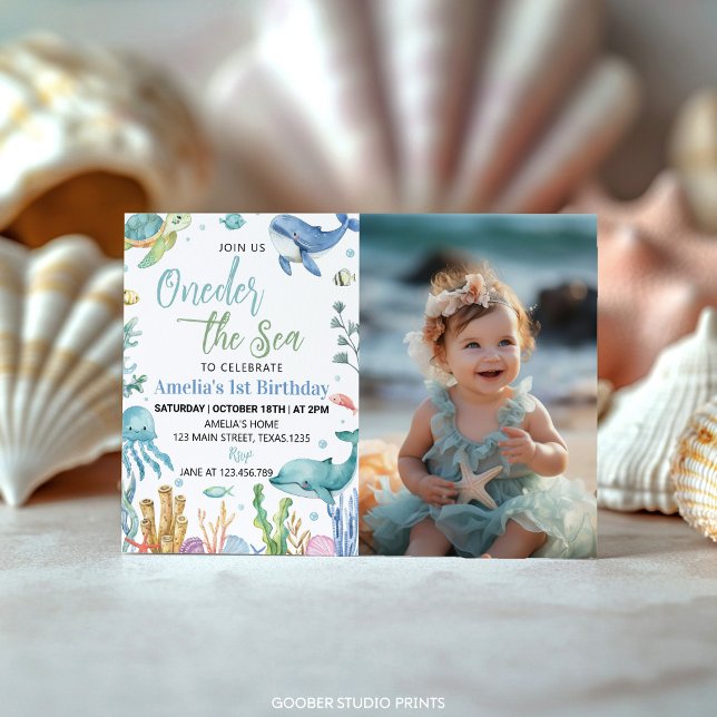 Oneder The Sea Cute Ocean Animals Birthday Photo Invitation (Creator Uploaded)