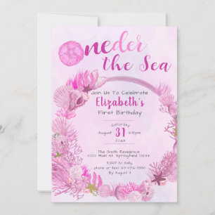 OneDer the Sea Cute Pink Girl 1st Birthday Party Invitation