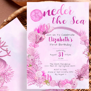 OneDer the Sea Cute Pink Girl 1st Birthday Party Invitation