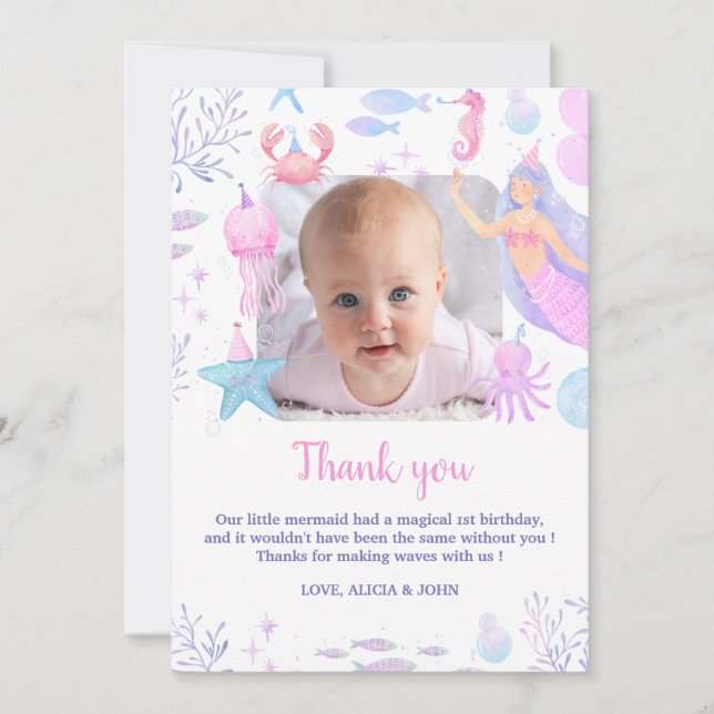 Oneder the Sea Girl 1st Birthday Mermaid Photo Thank You Card (Front)