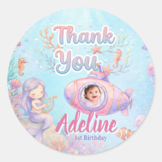 ONEder the Sea Girl 1st Birthday Photo Thank You Classic Round Sticker