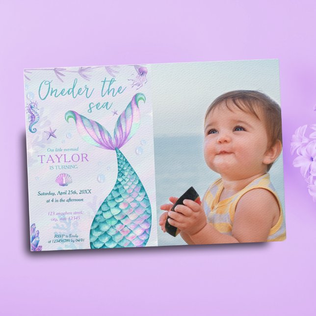 Oneder the Sea Mermaid 1st birthday girl Photo Invitation (Creator Uploaded)