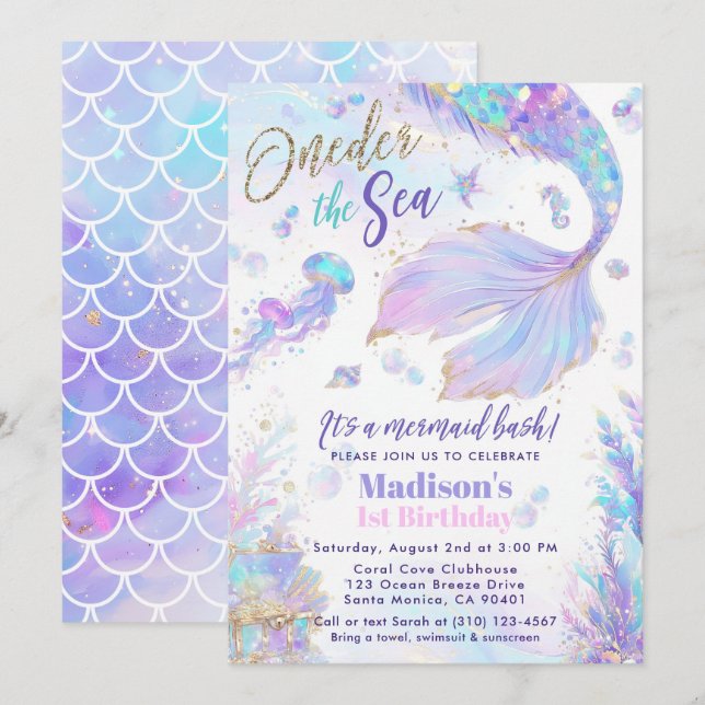 Oneder the Sea Mermaid 1st Birthday Invitation (Front/Back)