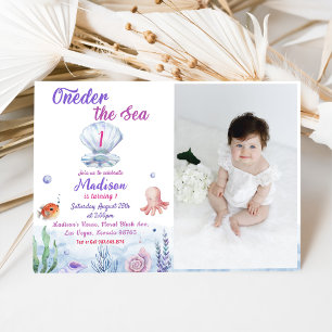 Oneder The Sea Mermaid 1st Birthday Party Photo Invitation