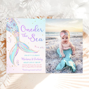 Oneder The Sea Mermaid 1st Birthday Party Photo Invitation