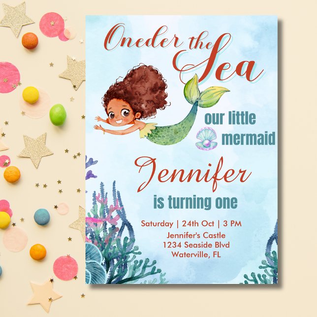 Oneder the sea mermaid Brown 1st birthday girl Invitation (Creator Uploaded)
