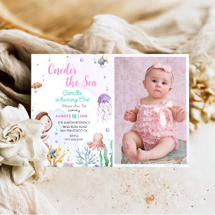 Oneder The Sea Mermaid Girl 1st Birthday Photo Invitation