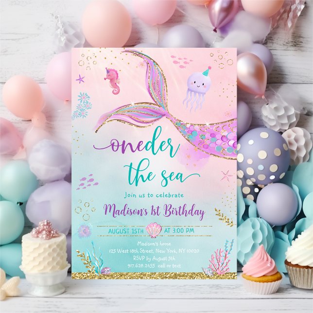 Oneder the Sea Mermaid Pink Purple Birthday Invitation (Creator Uploaded)