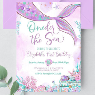 Oneder the Sea Mermaid Purple Teal First Birthday Invitation