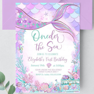 Oneder the Sea Mermaid Purple Teal First Birthday  Invitation