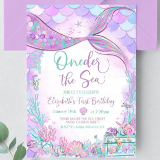 Oneder the Sea Mermaid Purple Teal First Birthday  Invitation