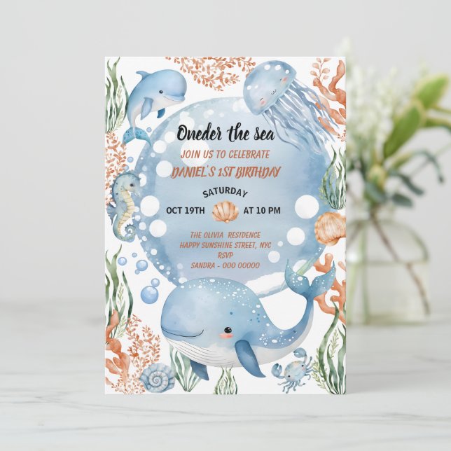 Oneder the Sea Mermaid Watercolor 1st Birthday Invitation (Standing Front)