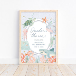 Oneder the Sea Nautical Ocean 1st Birthday Poster