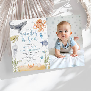Oneder The Sea Ocean Animals 1st Birthday Photo Invitation