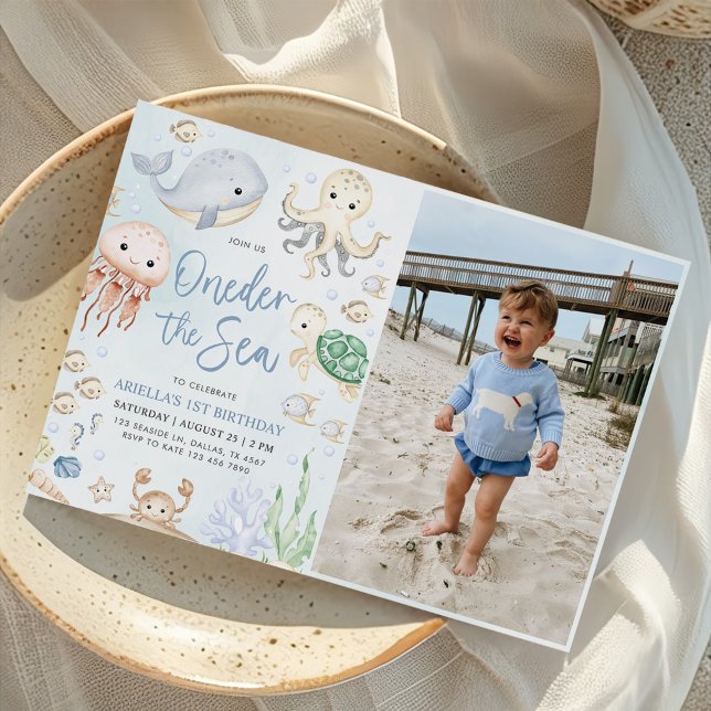 Oneder The Sea Ocean Animals 1st Birthday Photo Invitation (Creator Uploaded)