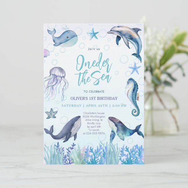 Oneder the Sea Ocean Animals 1st Boy Birthday Invitation (Standing Front)