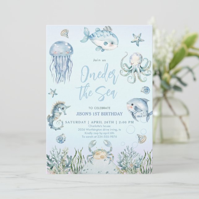 Oneder the Sea Ocean Animals Boy 1st Birthday  Invitation (Standing Front)