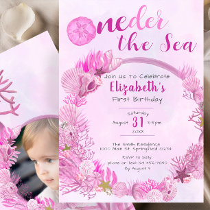 OneDer the Sea Pink Girl Photo 1st Birthday Party Invitation
