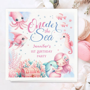 Oneder the sea! Pink Little Mermaid 1st Birthday Napkin