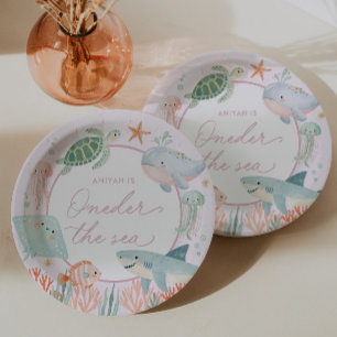 Oneder the Sea Pink Nautical Ocean 1st Birthday Paper Plate