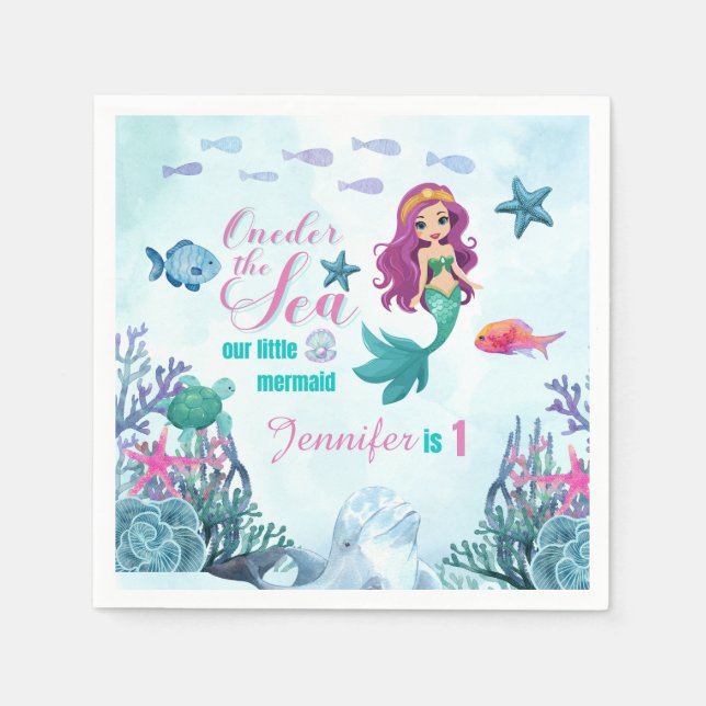 Oneder the sea purple mermaid 1st birthday girl napkin (Front)