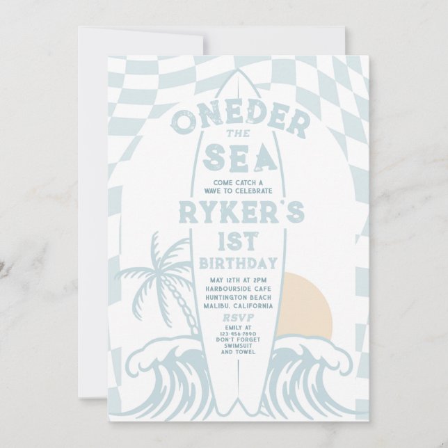 Oneder The Sea Surf Surfboard 1st Birthday Party Invitation (Front)