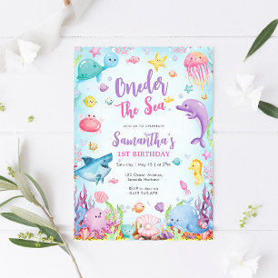 Oneder The Sea Watercolor 1st Birthday Invitation