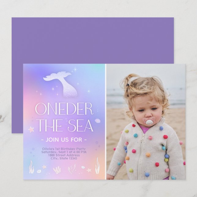 Oneder the Sea Whimsical Sparkly Mermaid Birthday Invitation (Front/Back)