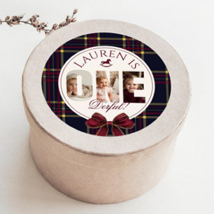 OneDerful 1st Birtdhay Burgundy Classic Plaid Classic Round Sticker