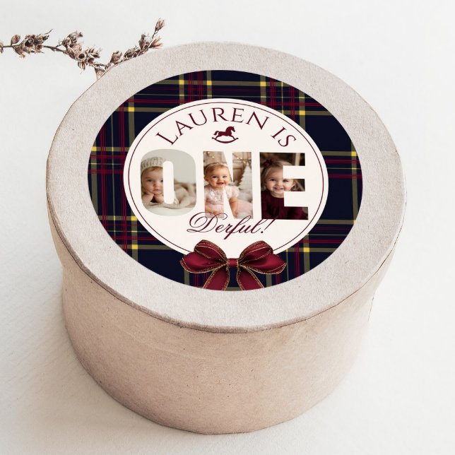 OneDerful 1st Birtdhay Burgundy Classic Plaid Classic Round Sticker (Creator Uploaded)