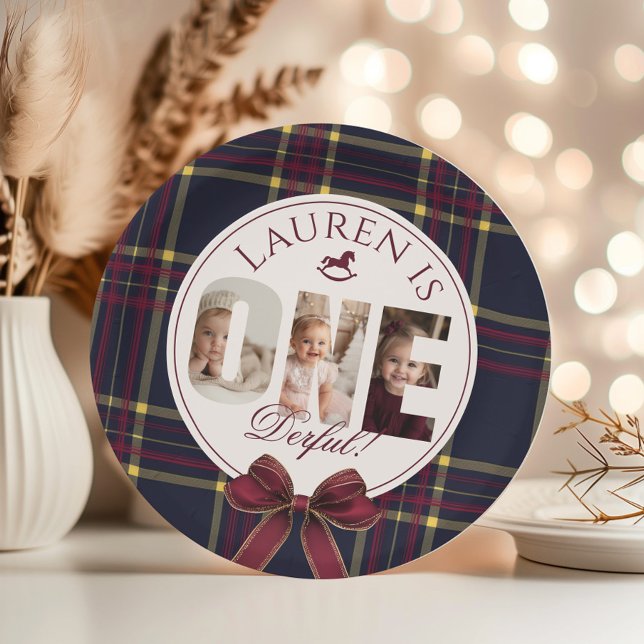 OneDerful 1st Birtdhay Burgundy Classic Plaid Paper Plate (Creator Uploaded)