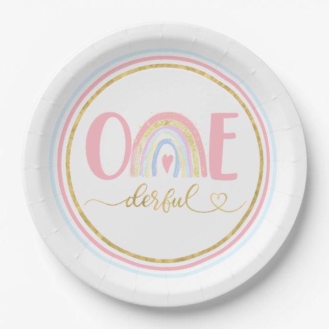 Onederful 1st Birthday Party Pastel Rainbow  Paper Plate (Front)