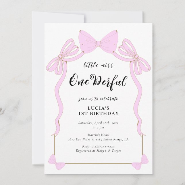 Onederful Baby Pink Coquette Bow Girl 1st Birthday Invitation (Front)