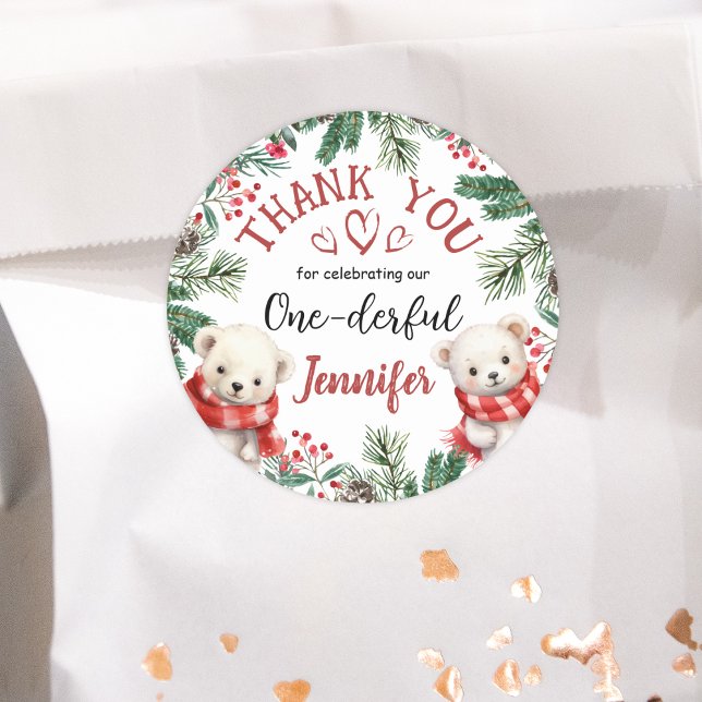 ONEderful Bear Christmas 1st Birthday Thank You Classic Round Sticker (Creator Uploaded)