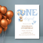 Onederful Bear Hot Air Balloon 1st Birthday Invitation<br><div class="desc">These cute birthday party invitations feature a cute watercolor teddy bear in hot air balloon with blue hearts. Personalise the birthday party invites by adding your child's name,  age,  and party details.</div>
