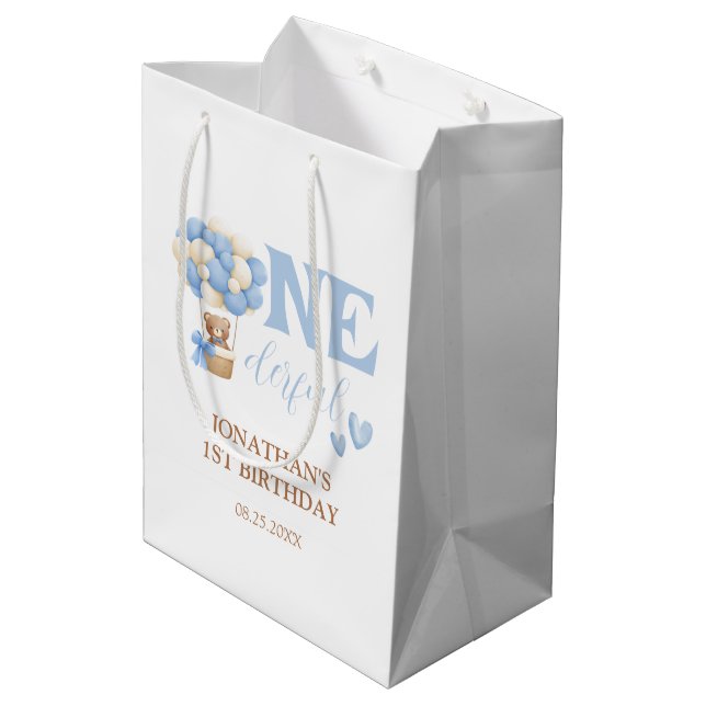 Onederful Bear Hot Air Balloon 1st Birthday Medium Gift Bag (Back Angled)