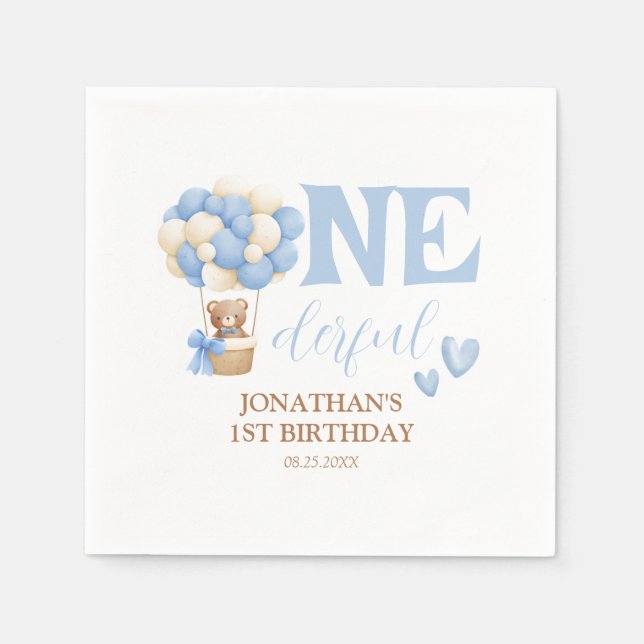 Onederful Bear Hot Air Balloon 1st Birthday Napkin (Front)