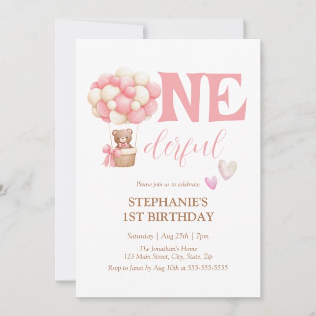 Onederful Bear Pink Hot Air Balloon 1st Birthday Invitation (Front)
