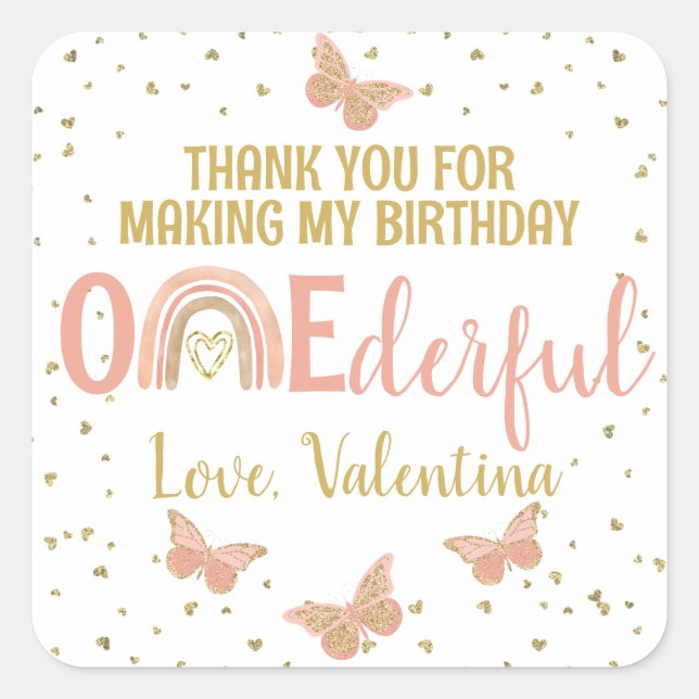 ONEderful Birthday Butterflies Rainbow Thank You  Square Sticker (Front)