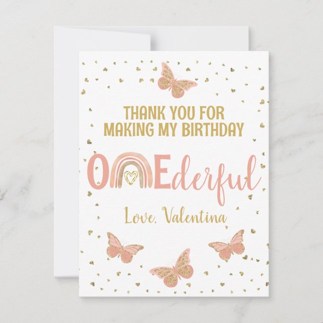 ONEderful Birthday Pink Butterflies Thank You Card (Front)