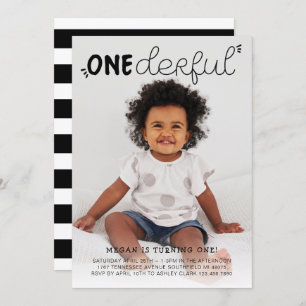 Onederful Black Minimal Photo Birthday Invitation