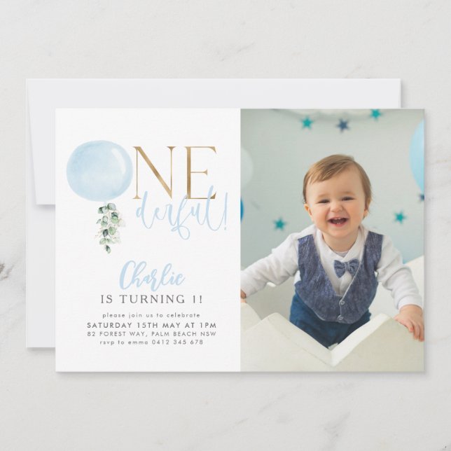 ONEderful Blue Balloon Boys 1st Birthday Photo Invitation (Front)