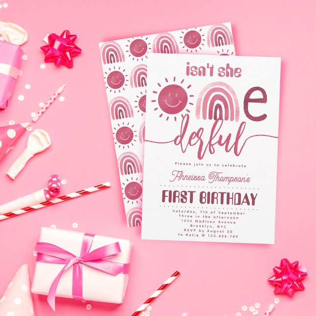 Onederful Boho Pink Rainbow Sunshine Birthday Invitation (Creator Uploaded)