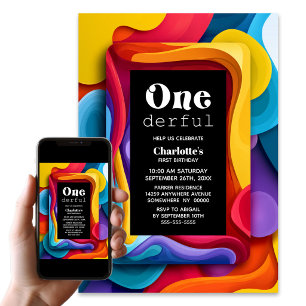 Onederful Colourful 1st Birthday Party Invitation