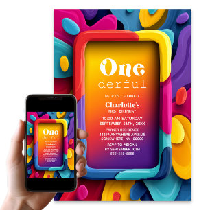 Onederful Colourful 1st Birthday Party Invitation
