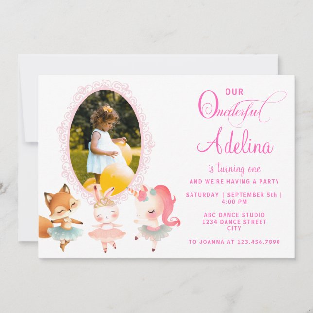 Onederful Cute Ballerina Animal 1st Birthday Party Invitation (Front)