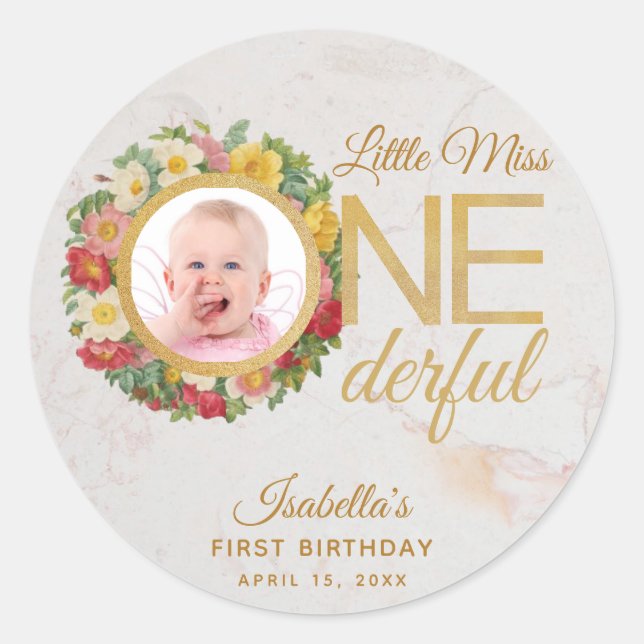 Onederful First Birthday Photo Floral Rose Wreath Classic Round Sticker (Front)