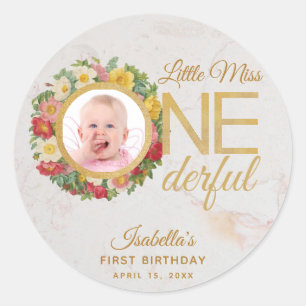 Onederful First Birthday Photo Floral Rose Wreath Classic Round Sticker
