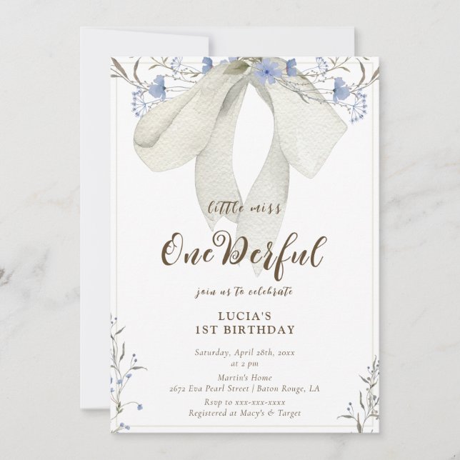 Onederful Floral Coquette Bow Girl 1st Birthday Invitation (Front)