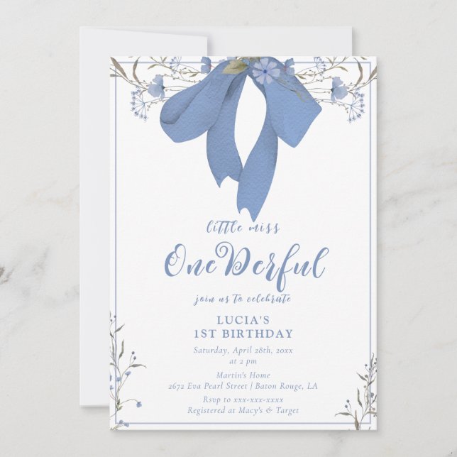Onederful Floral Coquette Bow Girl 1st Birthday Invitation (Front)